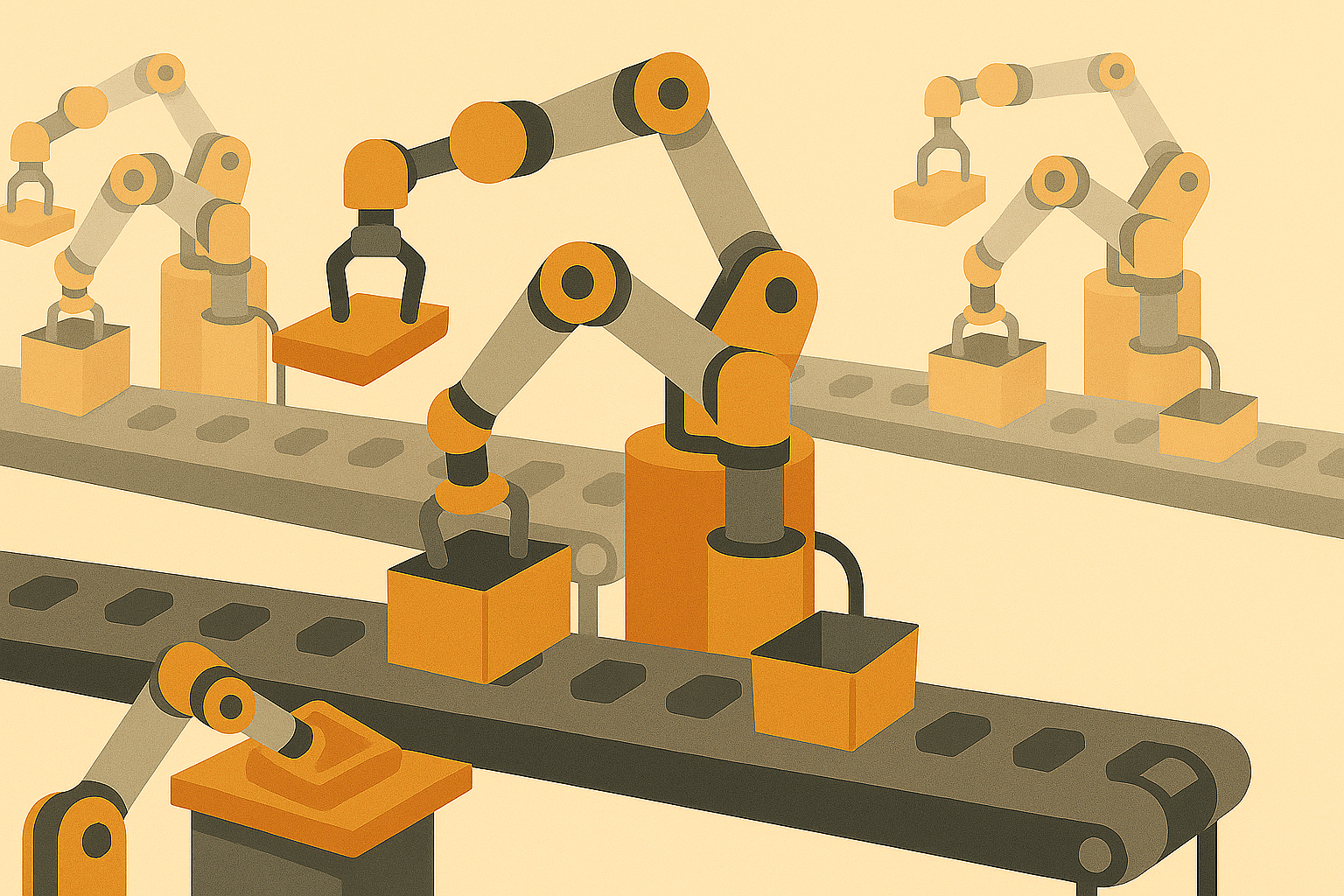 Zdjęcie pokazujące współpracę robotów w nowoczesnym zakładzie produkcyjnym.